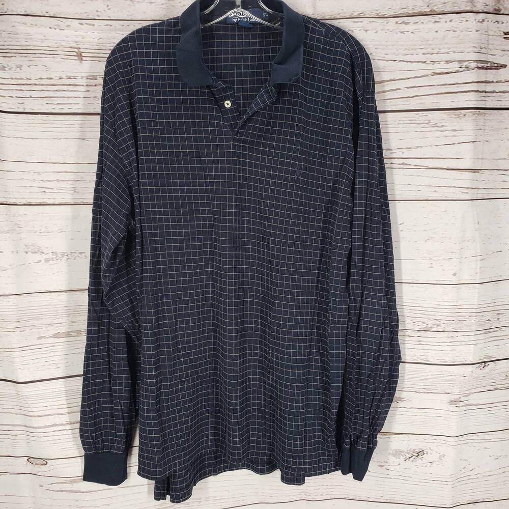 Polo By Ralph Lauren 100%Cotton Navy Blue Window Pane Long Sleeve Shirt Size XL